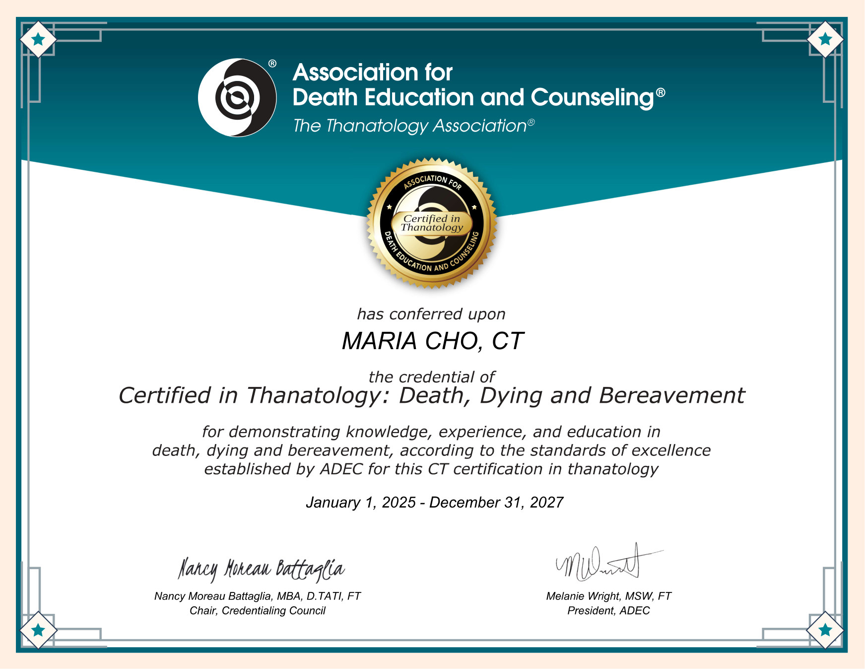 ADEC Certified in Thanatology certificate conferred upon Maria Cho