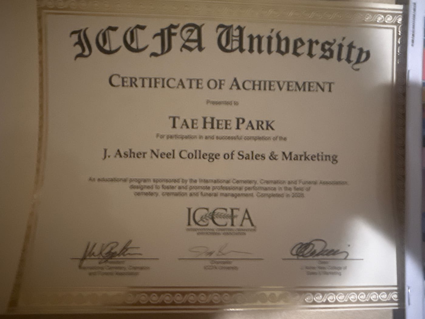 ICCFA University certificate presented to Tae Hee Park, Maria Cho's maiden name