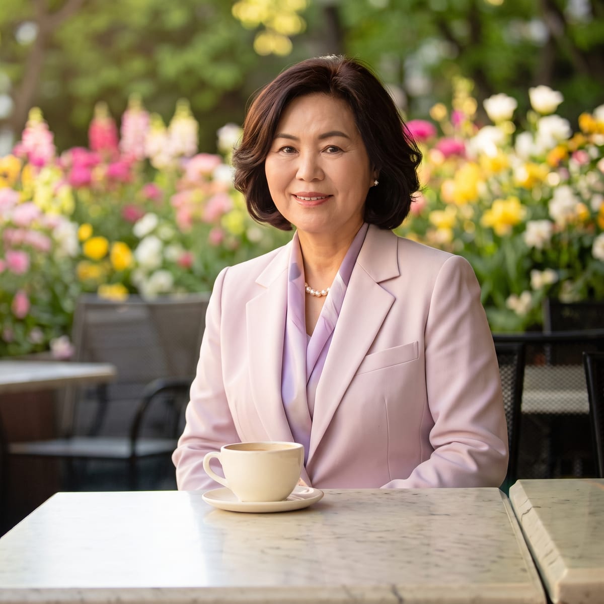 꽃이 핀 정원의 테이블에 앉아 미소 짓는 Maria Cho